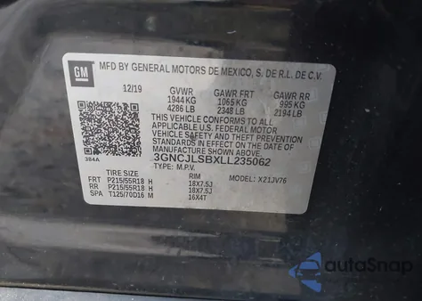 2020 Chevrolet Trax Fwd Lt from USA, damaged, VIN 3GNCJLSBXLL235062